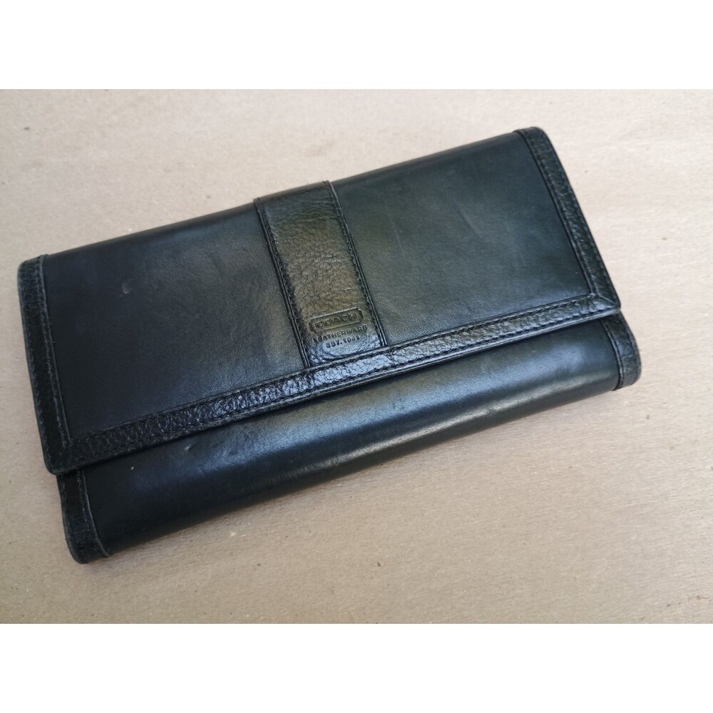 Vintage Coach Signature Black Leather Slim Trifold Wallet With Check Book Cover
